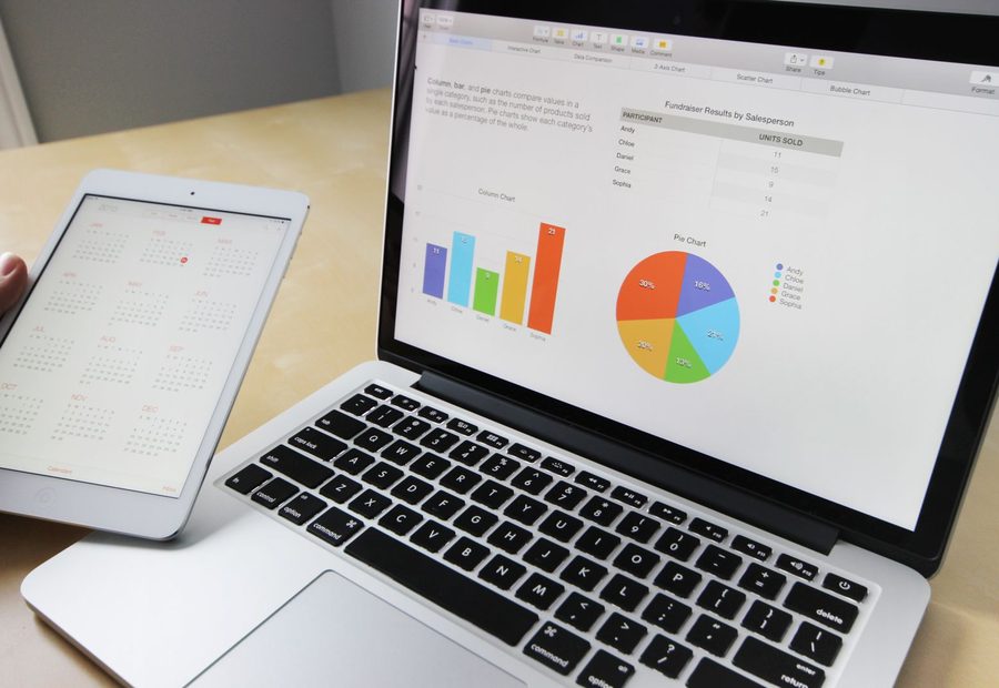 Bar and pie charts on a laptop screen beside a tablet